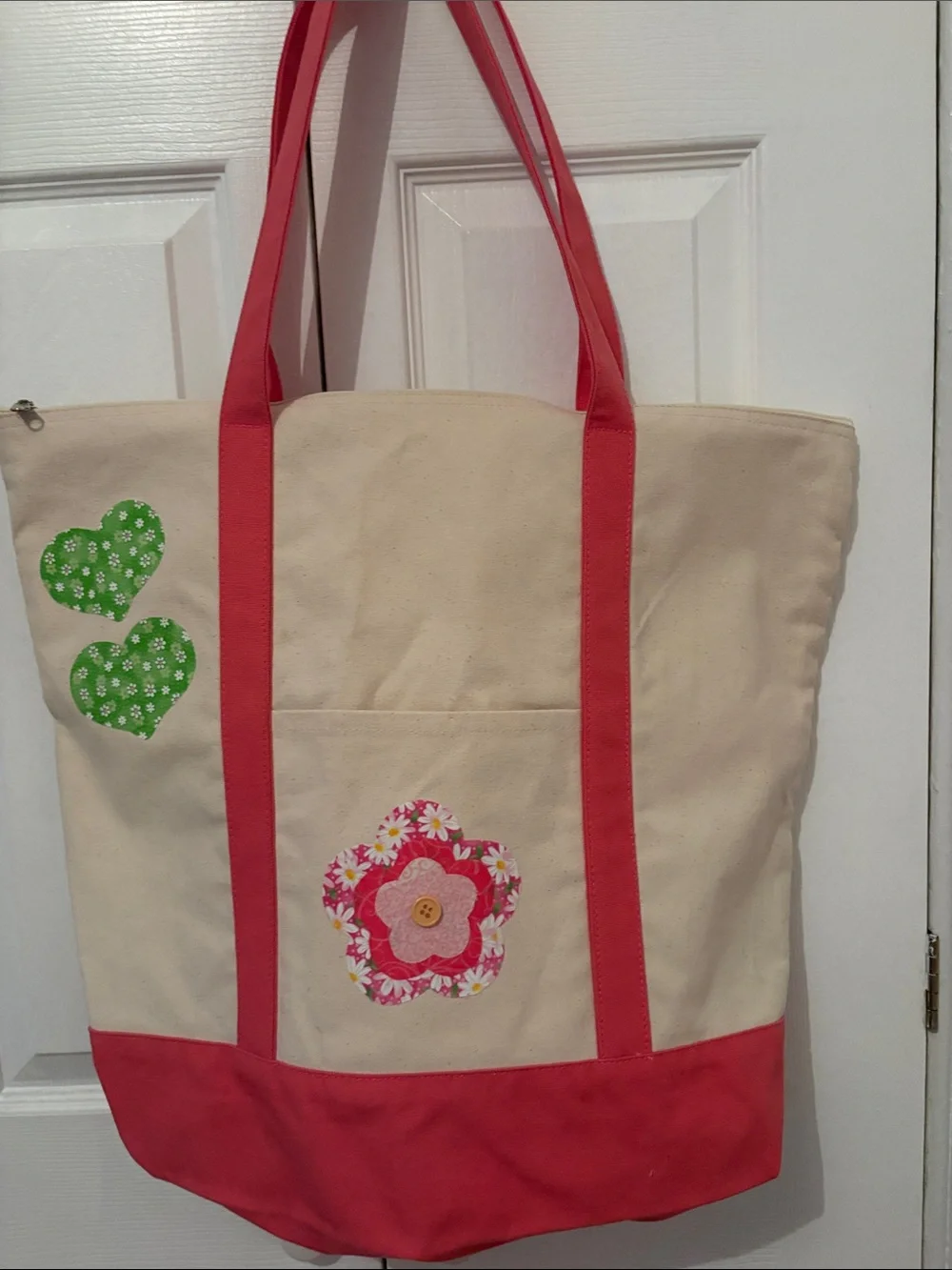 Canvas Tote Bag with Pink Trim and Floral and heart Appliqué